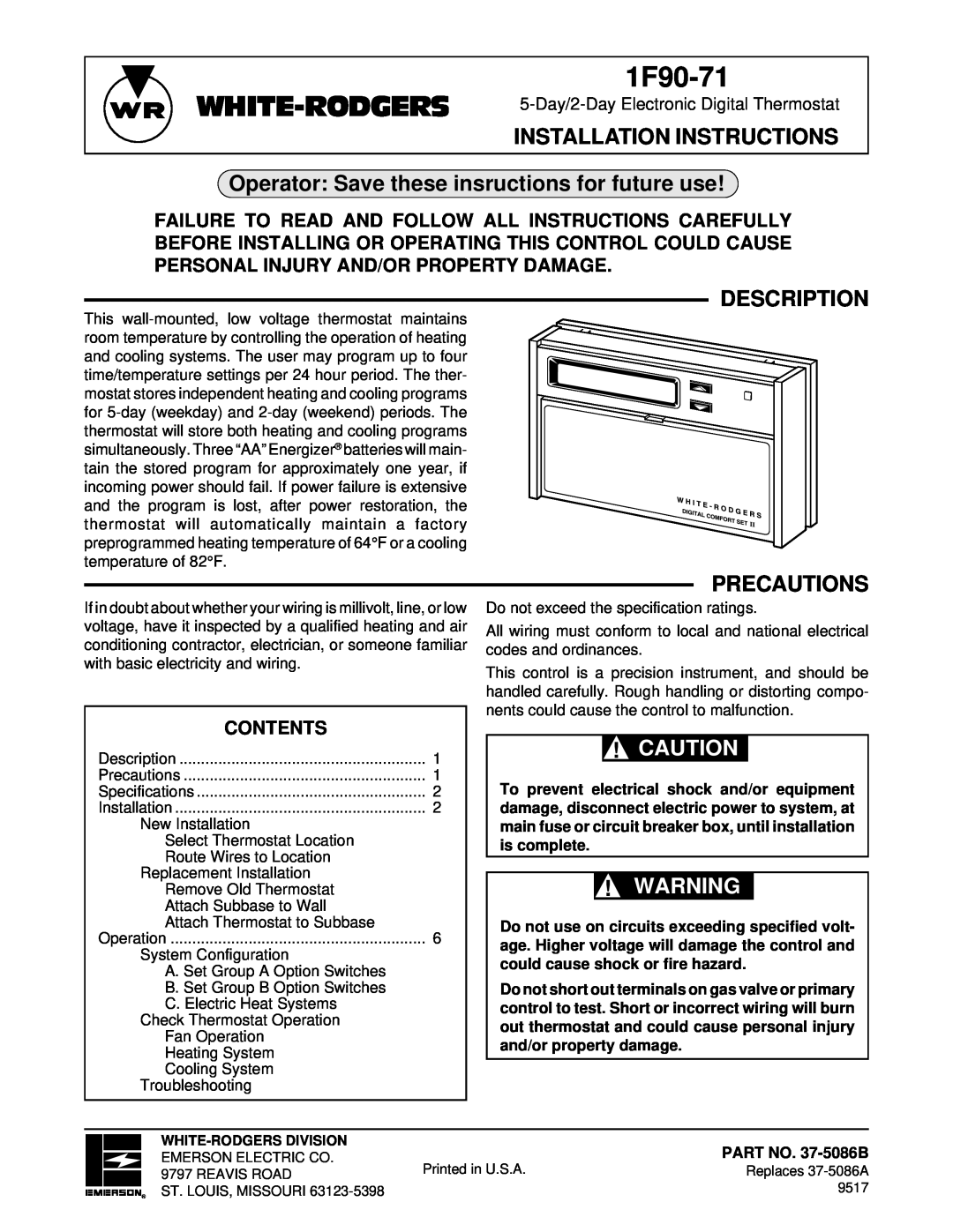 White Rodgers 37-5086A installation instructions Operator Save these insructions for future use, Description, Precautions 