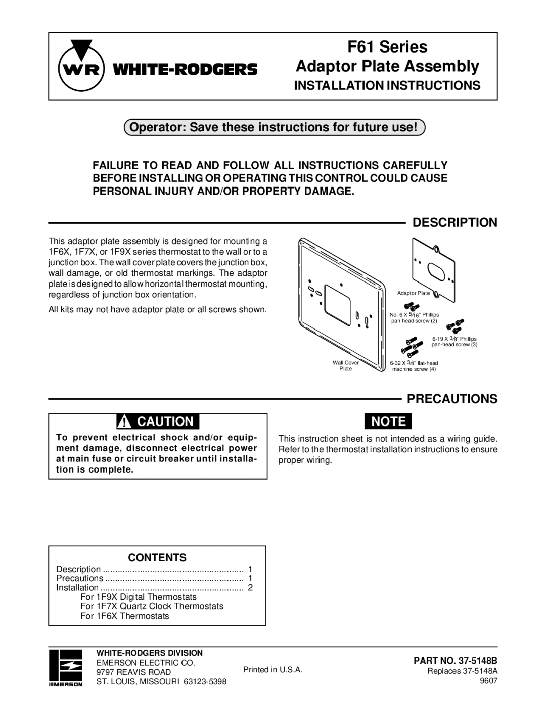 White Rodgers 37-5148B installation instructions Description, Precautions 