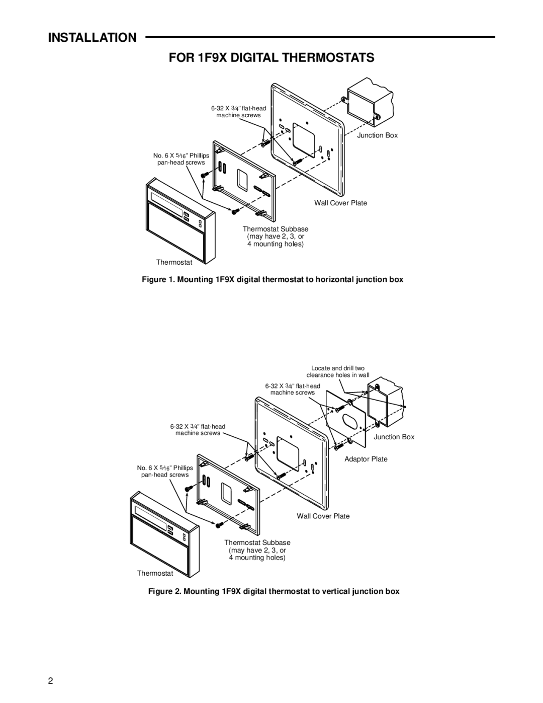 White Rodgers 37-5148B installation instructions Installation For 1F9X Digital Thermostats, Junction Box Adaptor Plate 