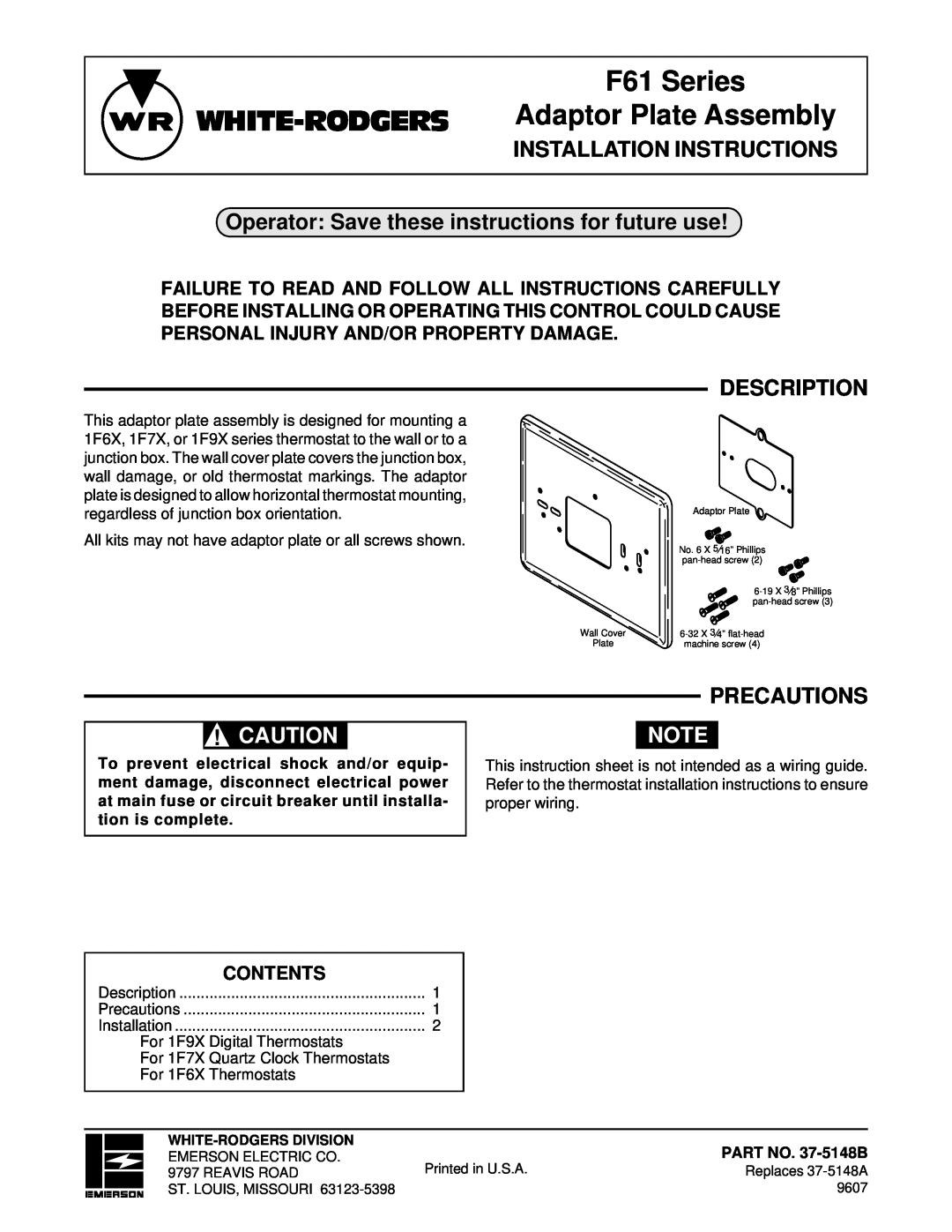 White Rodgers 37-5148B installation instructions Operator: Save these instructions for future use, Description, F61 Series 