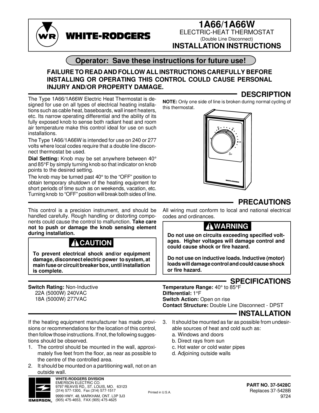 White Rodgers 1A66W installation instructions Installation Instructions, Description, Precautions, Specifications 