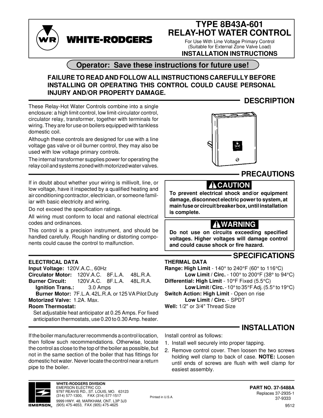 White Rodgers 8B43A-601, 37-5488A specifications Operator Save these instructions for future use, Description, Precautions 