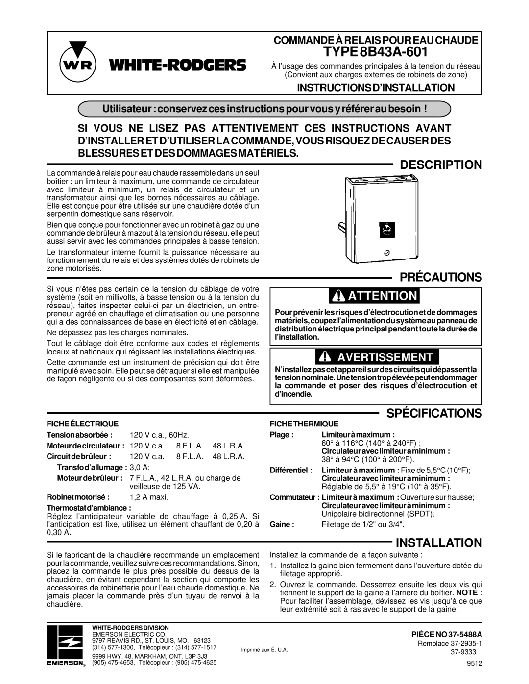 White Rodgers 37-5488A, 8B43A-601 specifications Précautions, Spécifications, Fiche Électrique, Fiche Thermique 