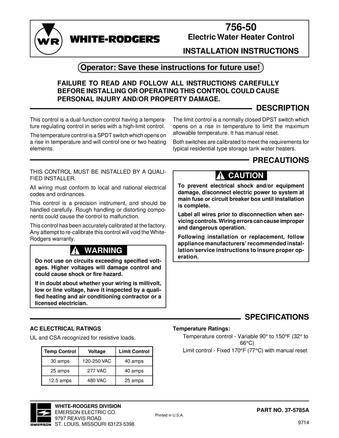 White Rodgers 37-5785A specifications Description, Precautions, AC Electrical Ratings, Temperature Ratings, Part no -5785A 