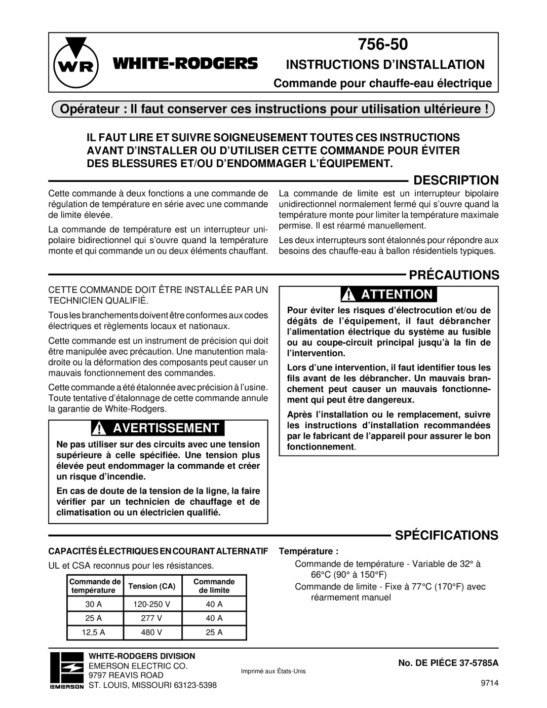 White Rodgers 37-5785A specifications White-Rodgersinstructions D’Installation, Avertissement, Précautions, Spécifications 