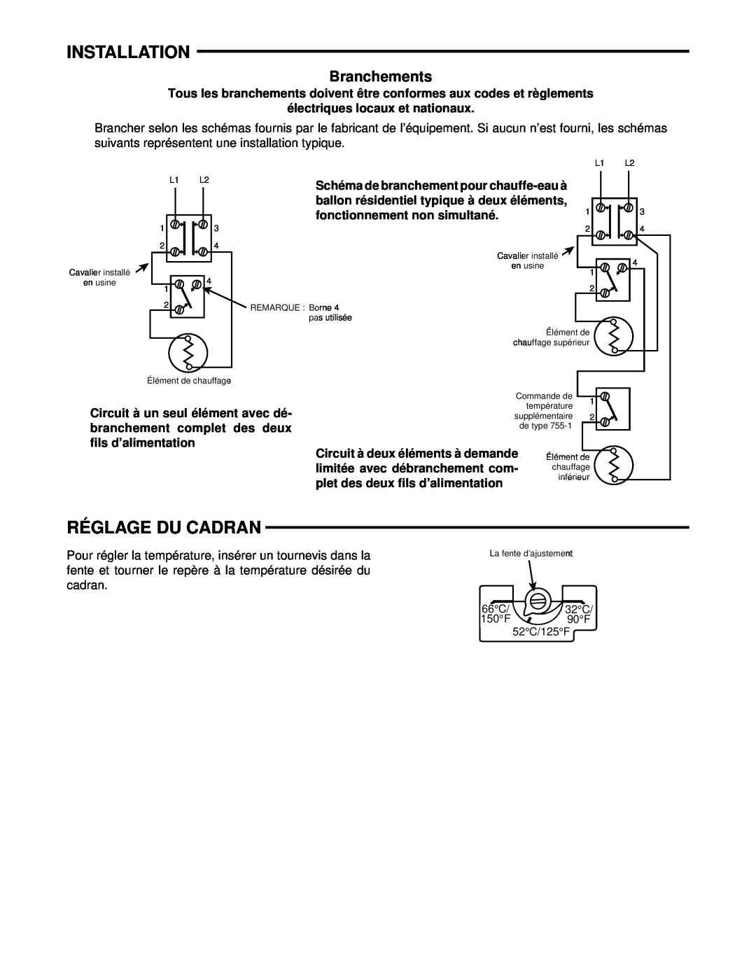 White Rodgers 37-5785A specifications Réglage Du Cadran, Branchements, Installation 