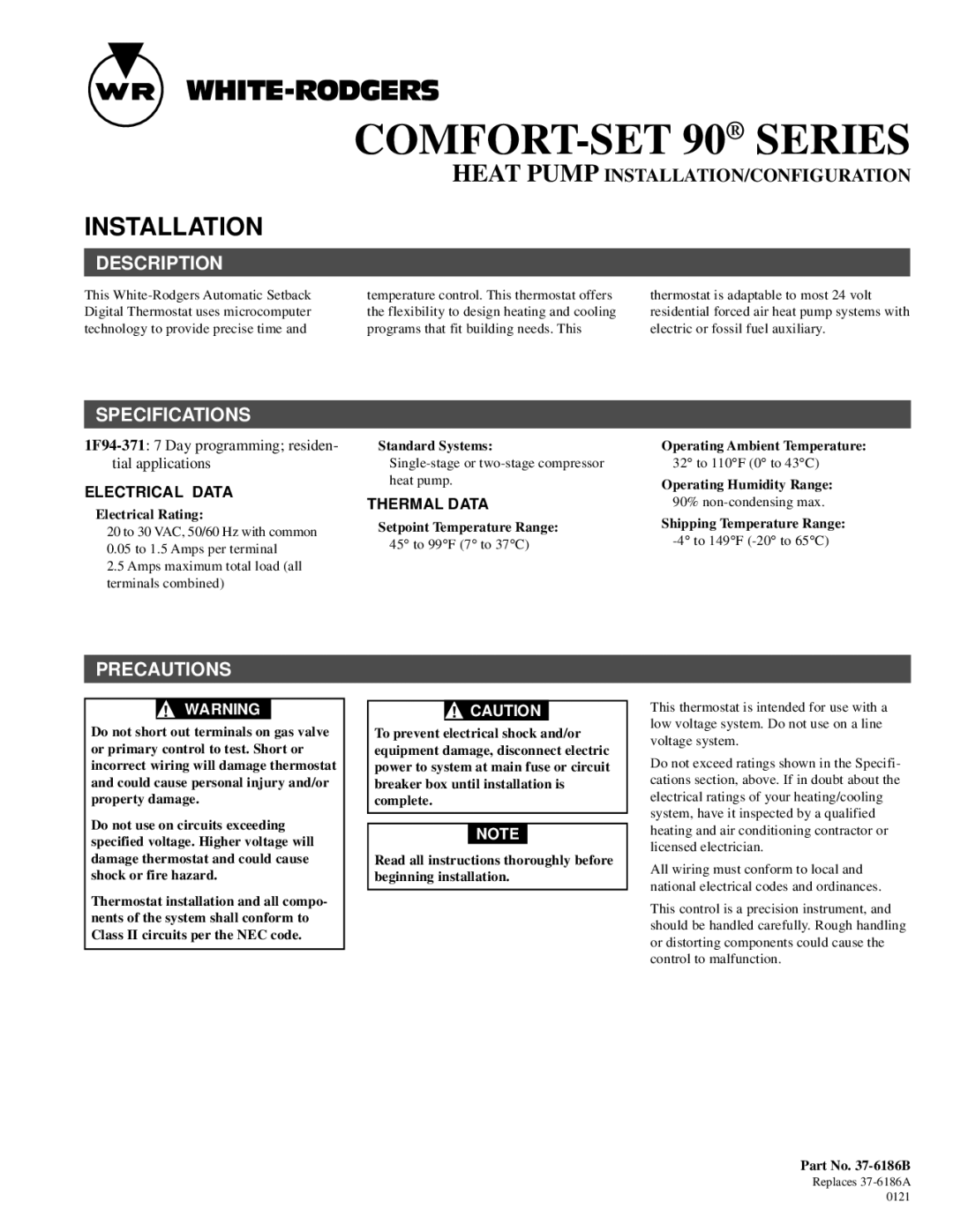 White Rodgers 37-6186B specifications Installation, Description, Specifications, Precautions 