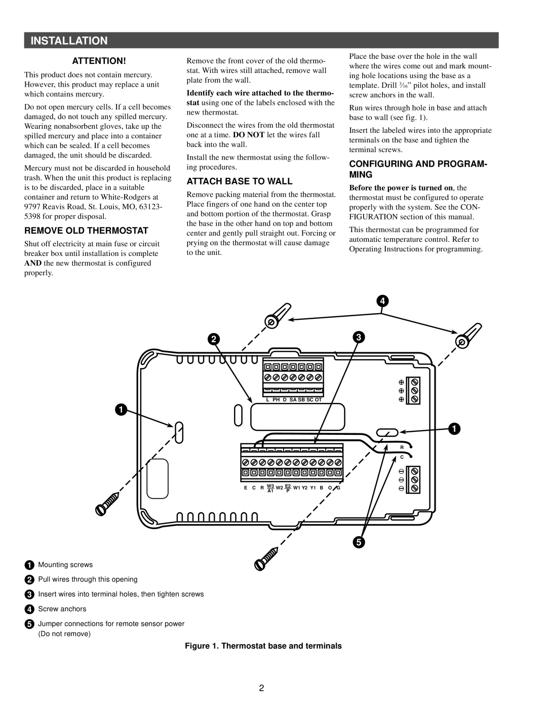 White Rodgers 37-6186B Installation, Remove OLD Thermostat, Attach Base to Wall, Configuring and PROGRAM- Ming 