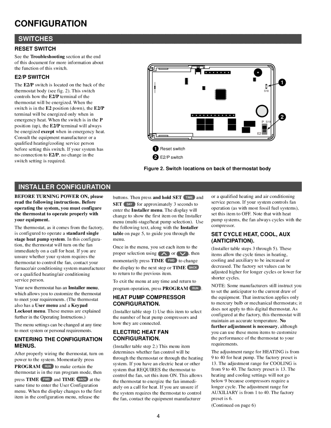 White Rodgers 37-6186B specifications Switches, Installer Configuration 