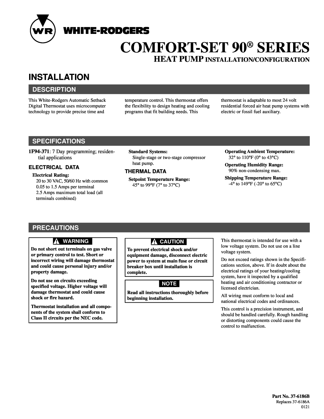White Rodgers 37-6186B specifications Installation, Description, Specifications, Precautions, Electrical Data 