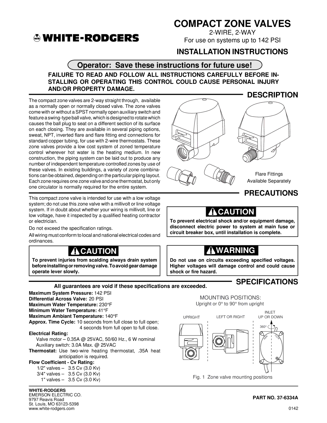 White Rodgers 37-6334a installation instructions Installation Instructions, Description, Precautions, Specifications 