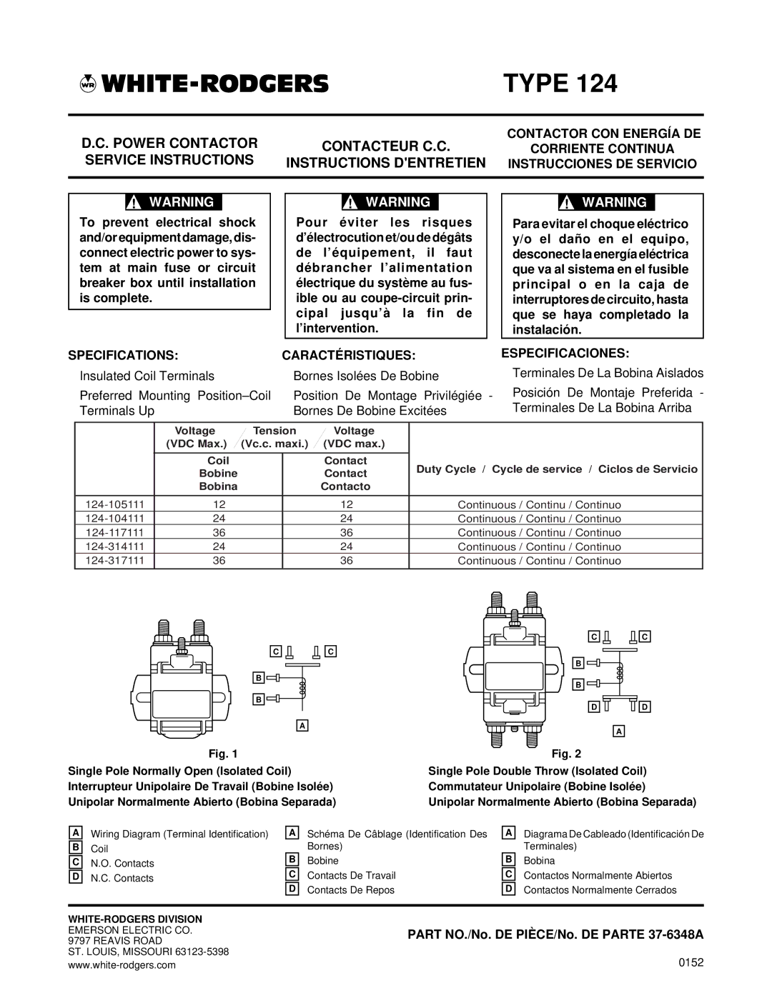 White Rodgers 37-6348A specifications Type, Power Contactor Contacteur C.C, Service Instructions Instructions Dentretien 