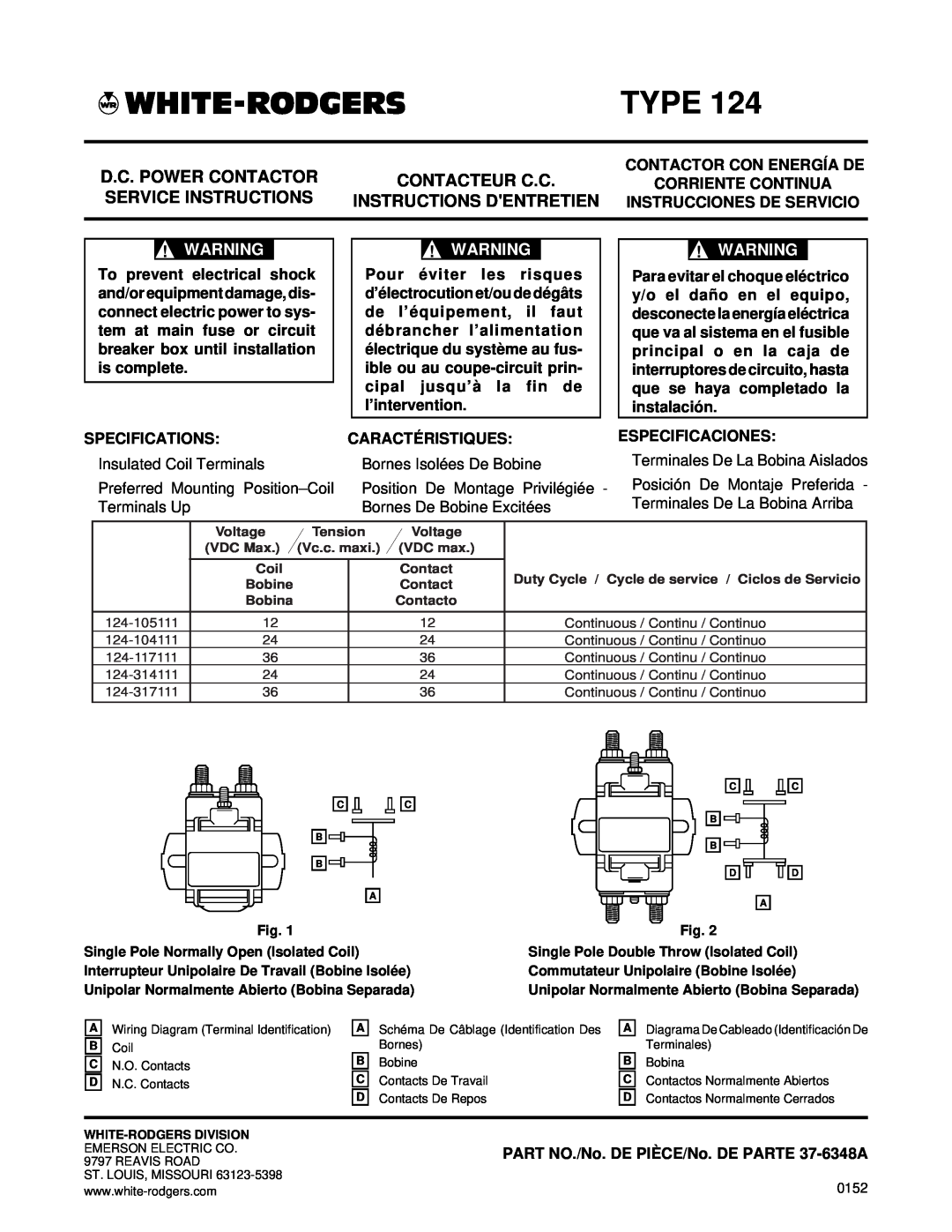 White Rodgers 37-6348A specifications Type, D.C. Power Contactor, Contacteur C.C, Service Instructions, Corriente Continua 