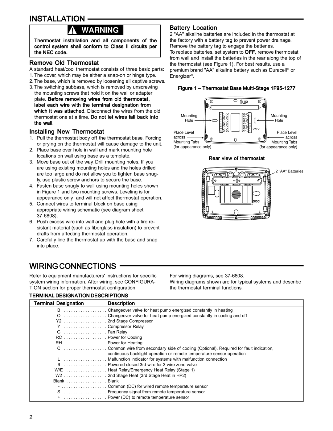 White Rodgers 37-6753B specifications Installation, Wiring Connections, Remove Old Thermostat, Installing New Thermostat 