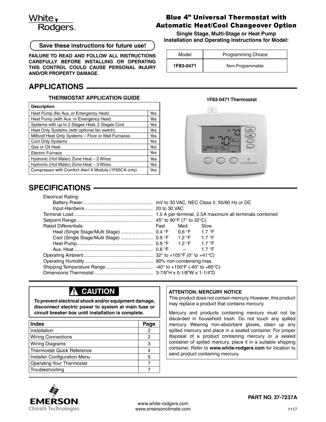 White Rodgers 37-7237A specifications Applications, Specifications, Save these instructions for future use, Index 