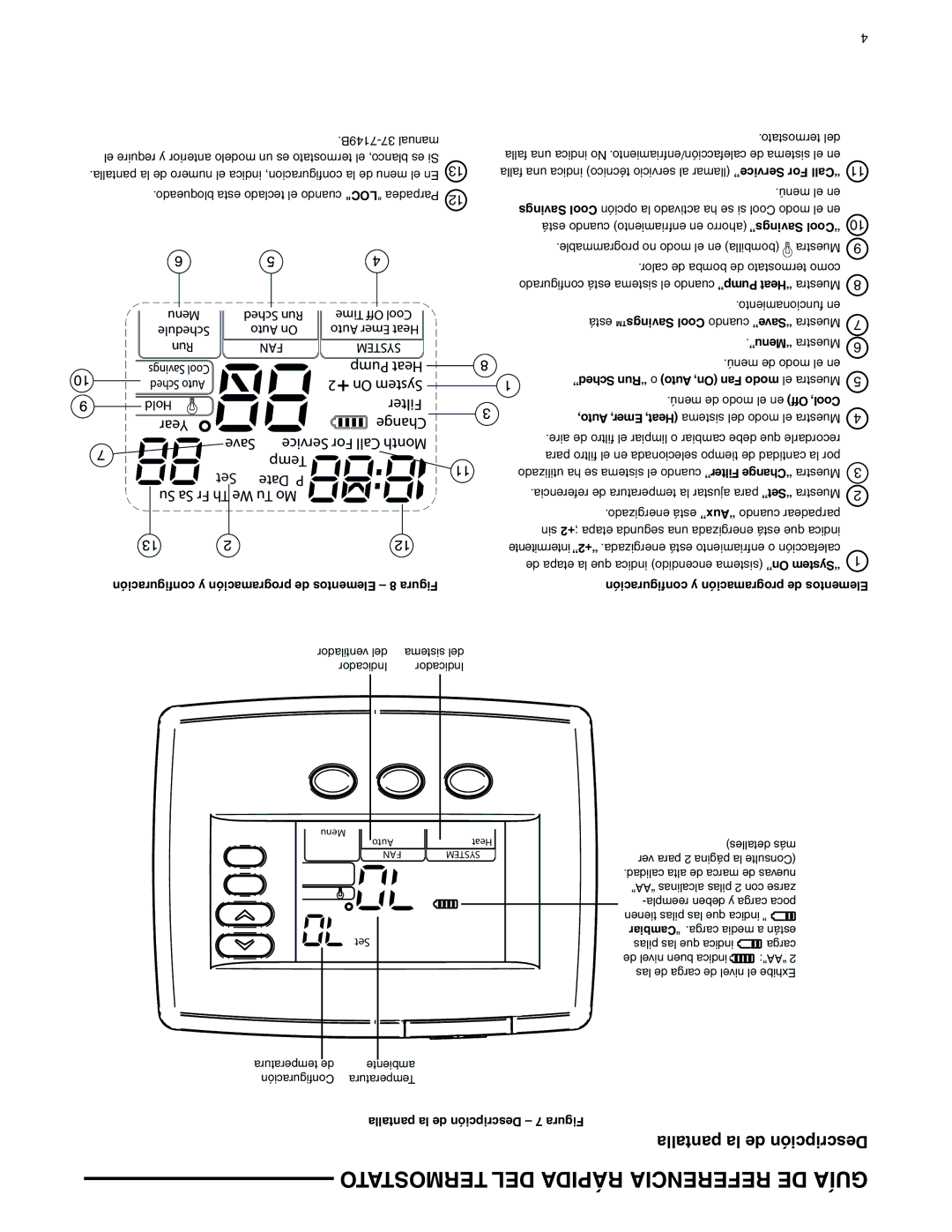 White Rodgers 37-7237A specifications Termostato DEL Rápida Referencia DE Guía, Pantalla la de Descripción, Menu 