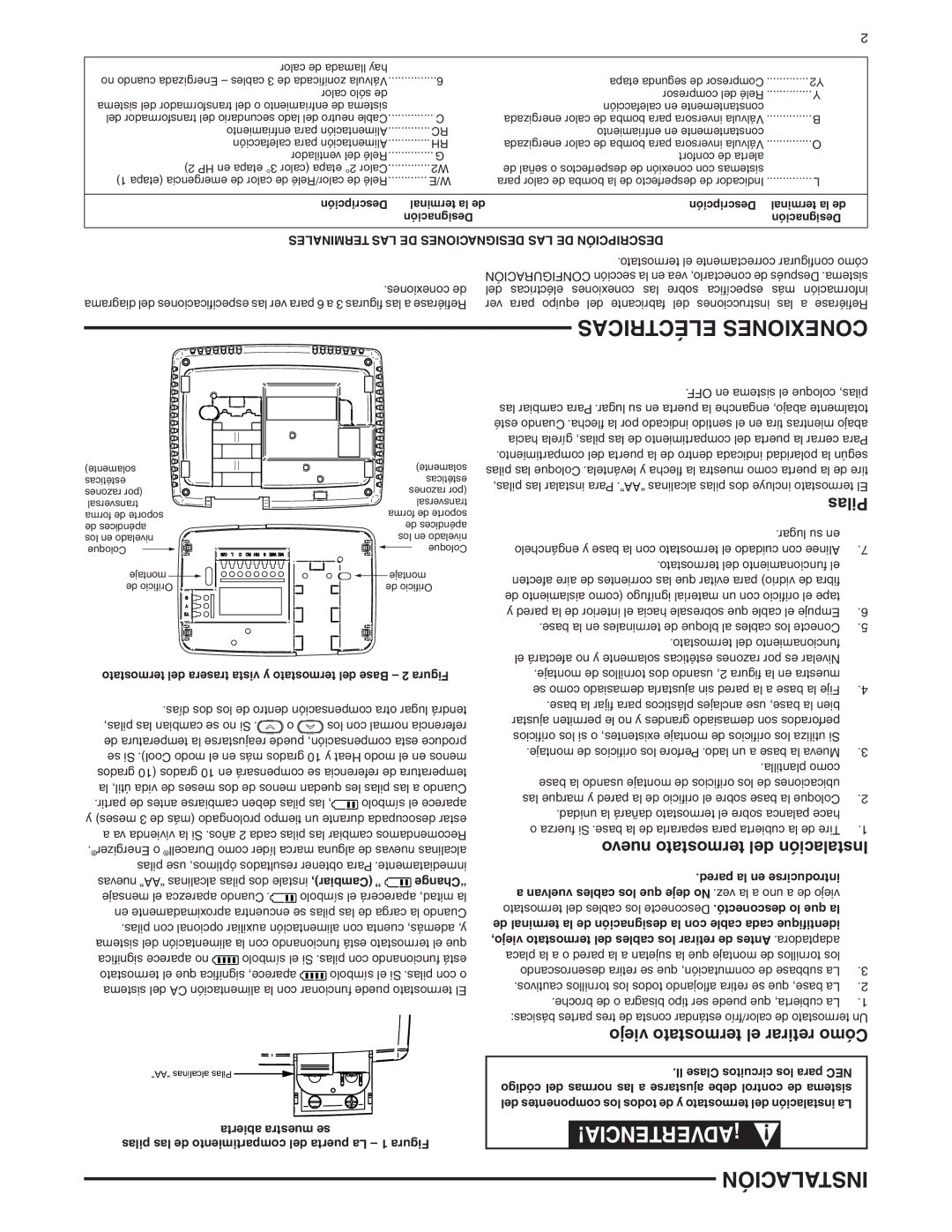 White Rodgers 37-7237A specifications Pilas, Nuevo termostato del Instalación, Viejo termostato el retirar Cómo 