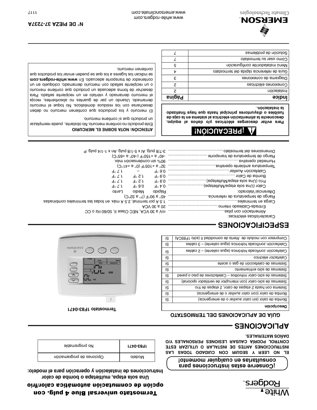 White Rodgers 37-7237A specifications Especificaciones, Aplicaciones, 7237A-37 Pieza DE N, Página Índice 