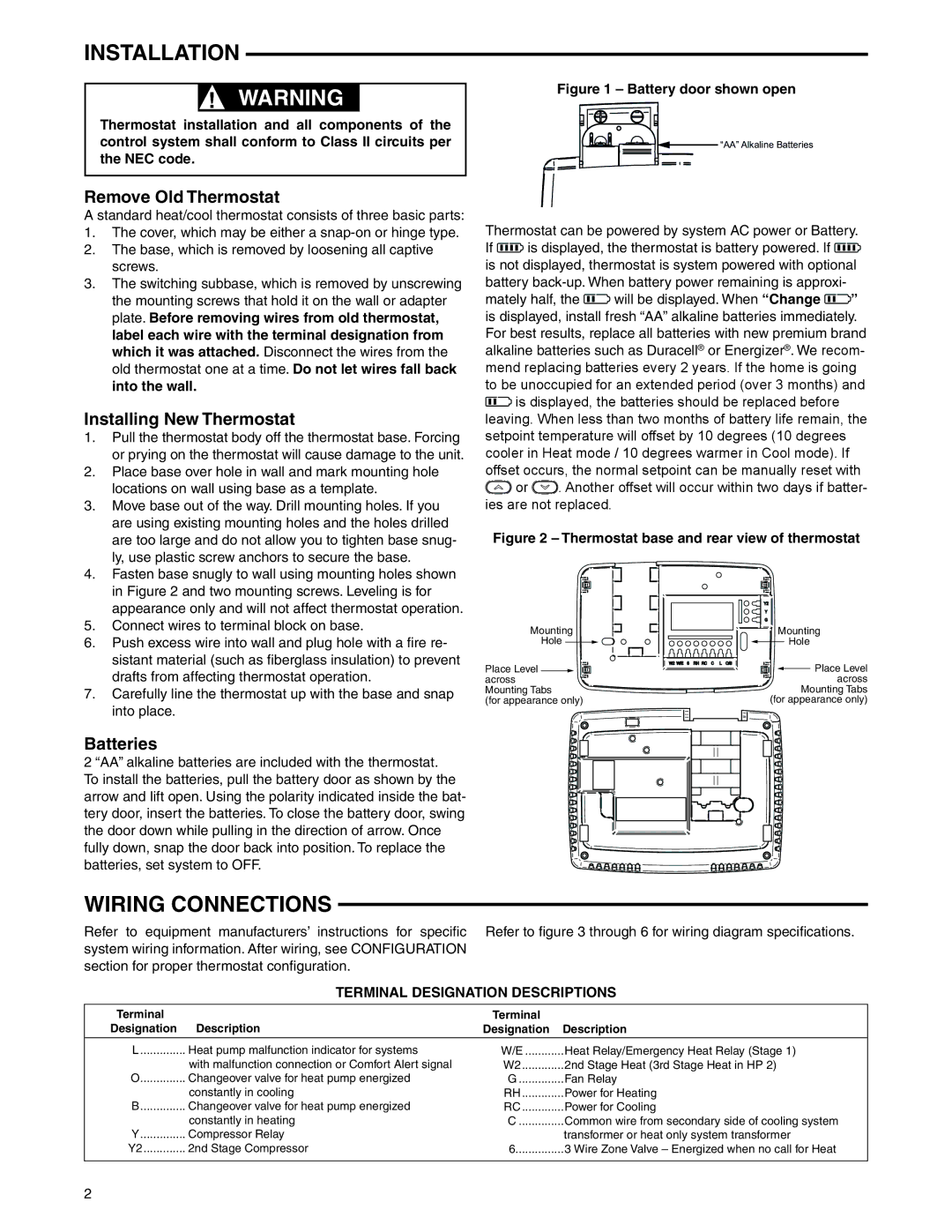 White Rodgers 37-7237A Installation, Wiring Connections, Remove Old Thermostat, Installing New Thermostat, Batteries 