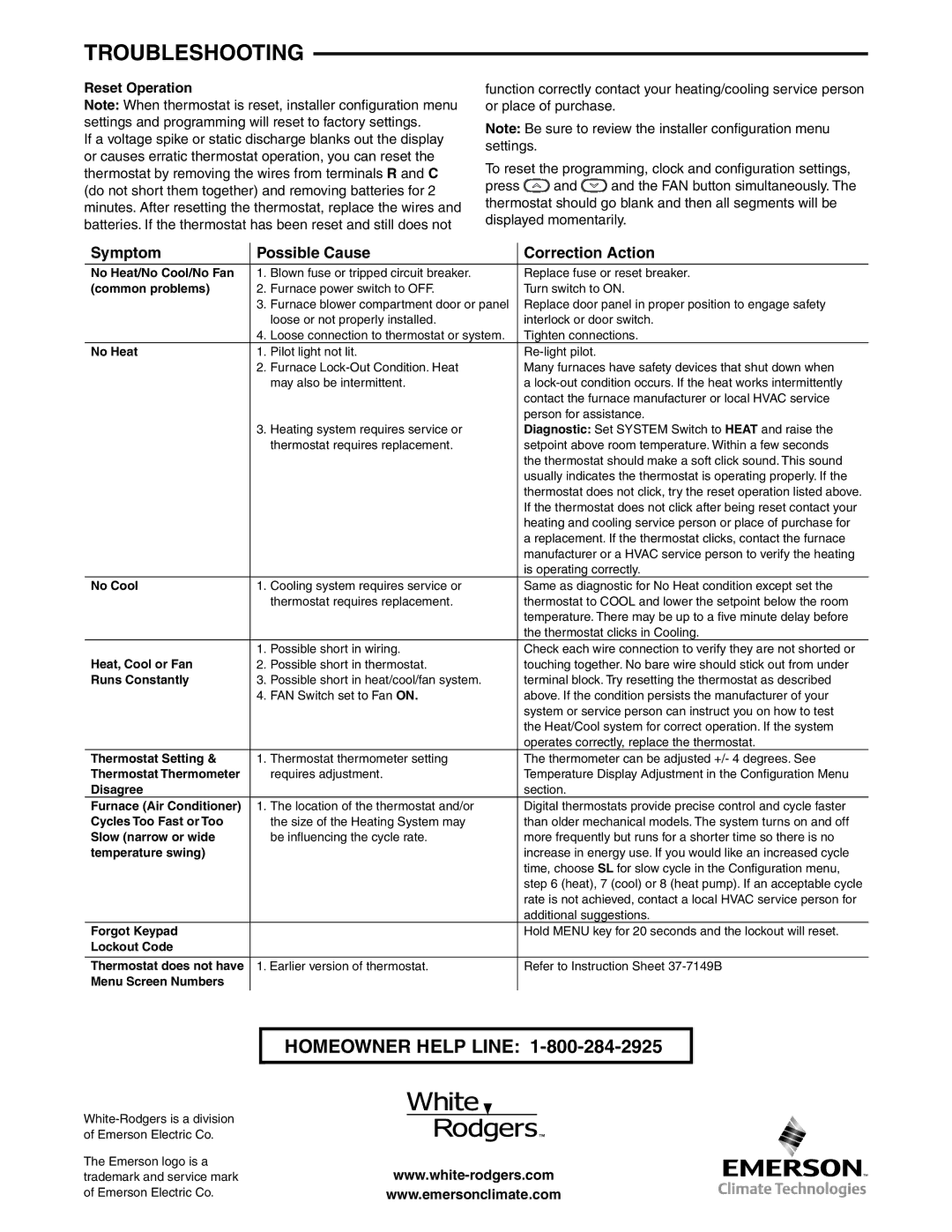 White Rodgers 37-7237A specifications Symptom Possible Cause Correction Action, Reset Operation 