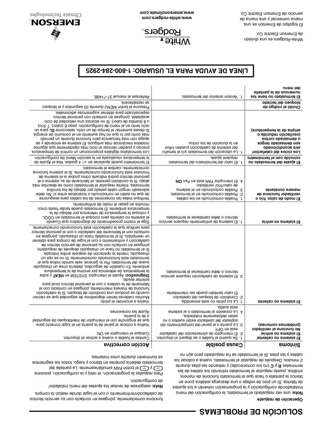 White Rodgers 37-7237A specifications Problemas DE Solución, ÍneaL, Correctiva Acción Posible Causa Síntoma 