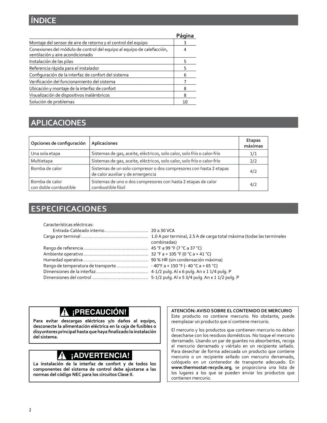 White Rodgers 37-7243A manual Índice, Aplicaciones, Especificaciones, ¡Advertencia 