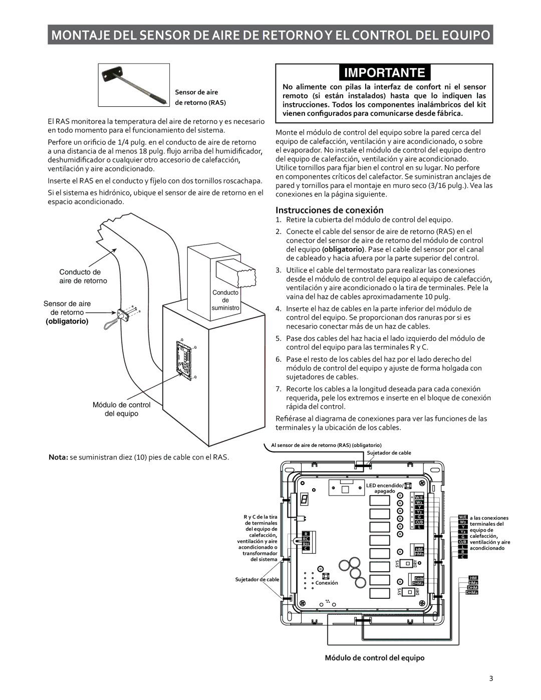 White Rodgers 37-7243A manual Montaje DEL Sensor DE Aire DE Retornoy EL Control DEL Equipo, Importante 