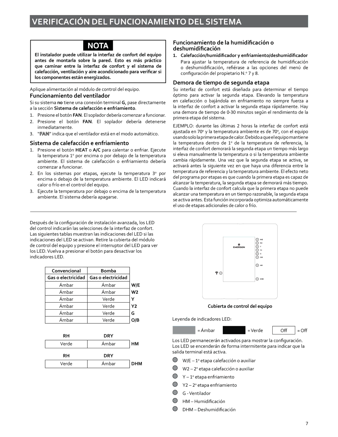 White Rodgers 37-7243A manual Verificación DEL Funcionamiento DEL Sistema, Nota 