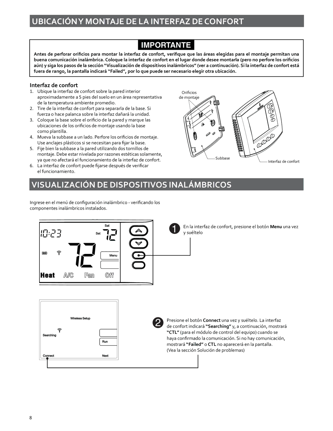 White Rodgers 37-7243A manual Ubicacióny Montaje DE LA Interfaz DE Confort, Visualización DE Dispositivos Inalámbricos 