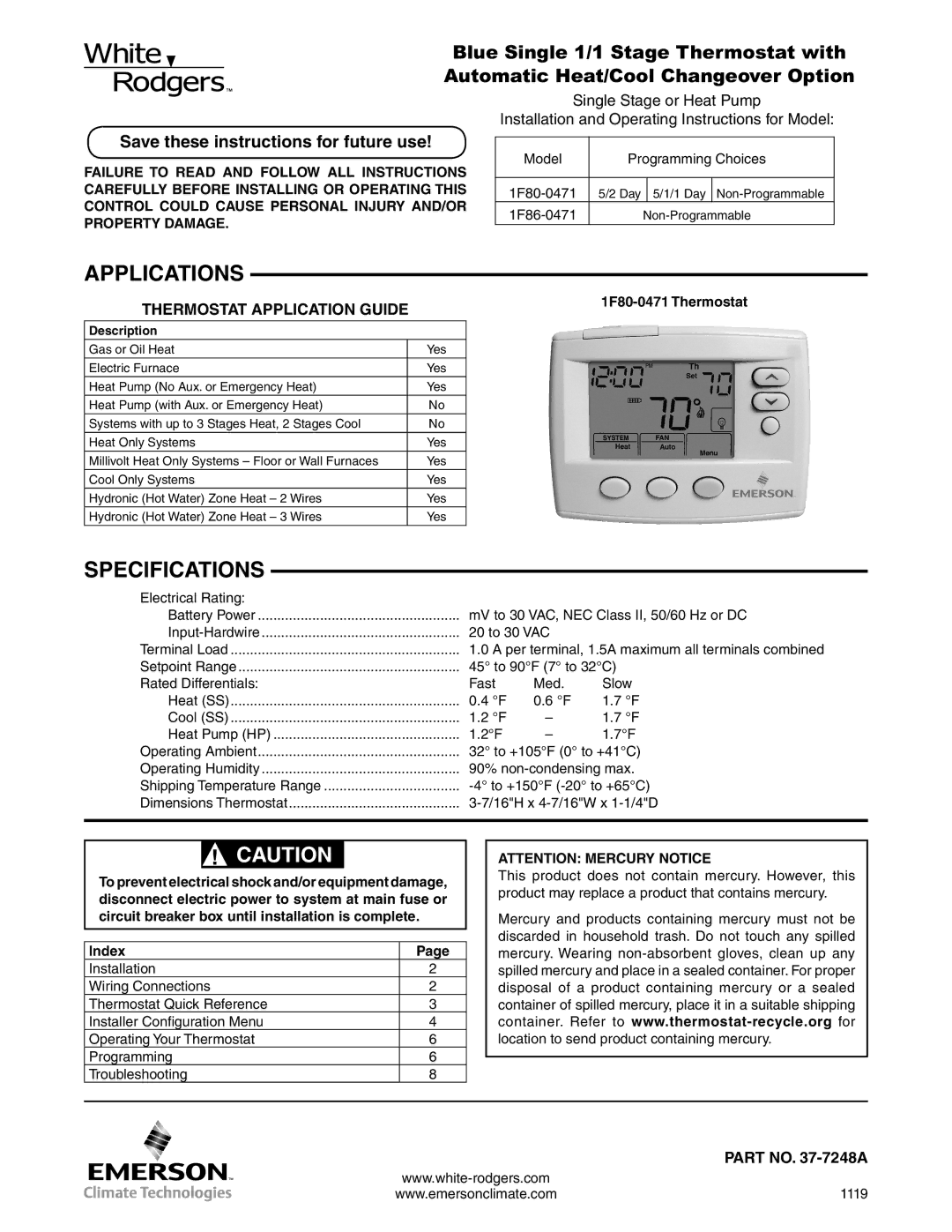 White Rodgers 37-7248A specifications Applications, Specifications, Save these instructions for future use, Index 