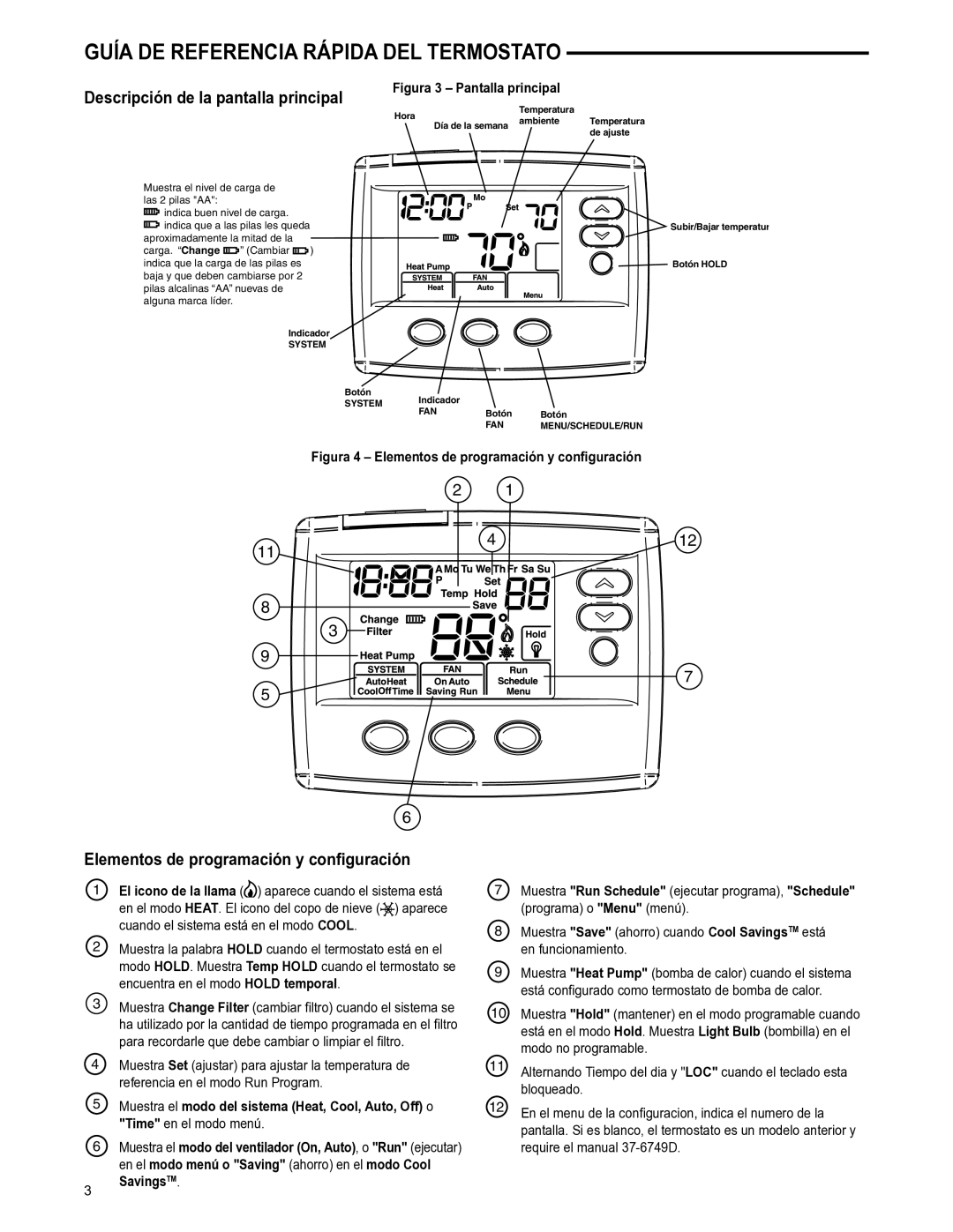 White Rodgers 37-7248A specifications Guía DE Referencia Rápida DEL Termostato, Descripción de la pantalla principal 