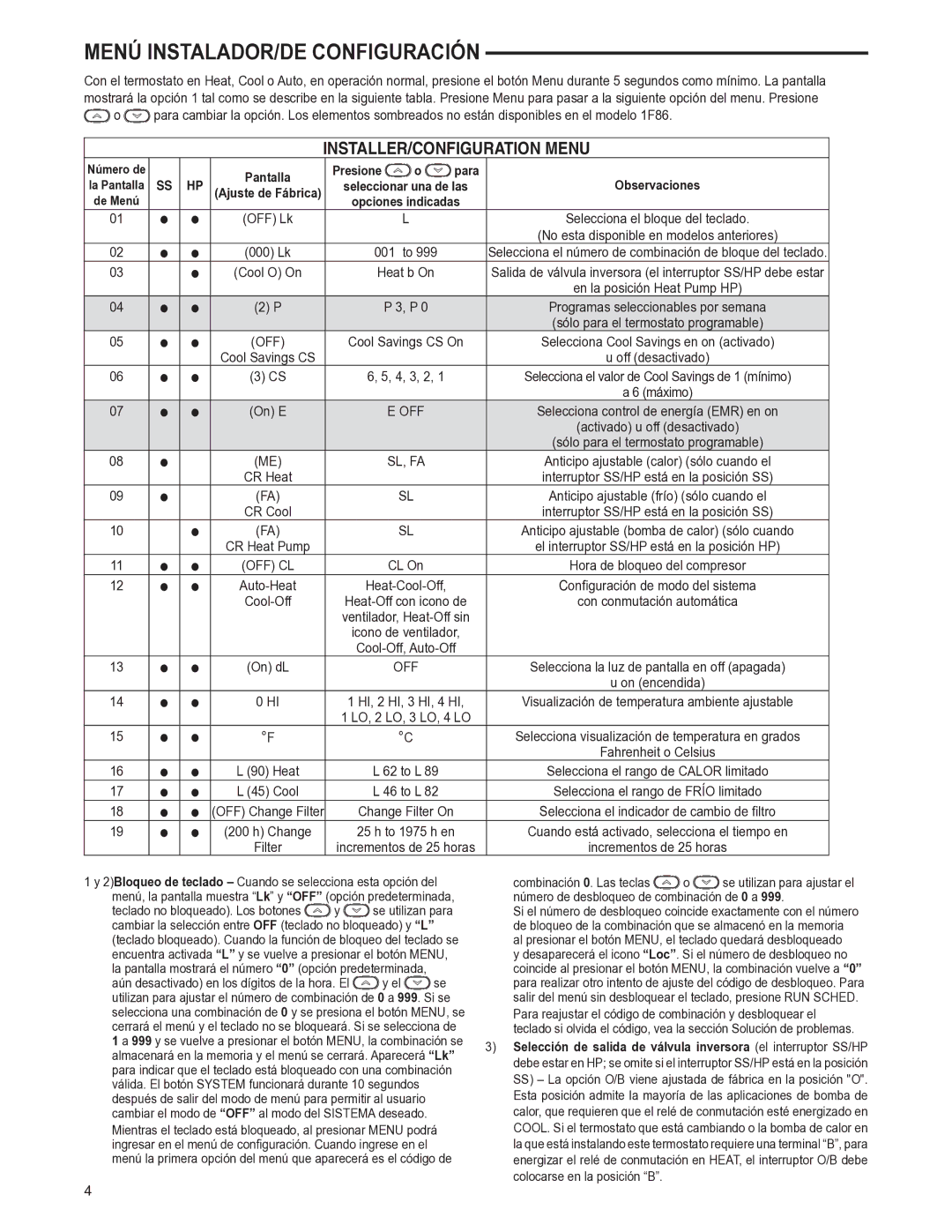 White Rodgers 37-7248A specifications Menú INSTALADOR/DE Configuración, Pantalla Presione Para Observaciones 