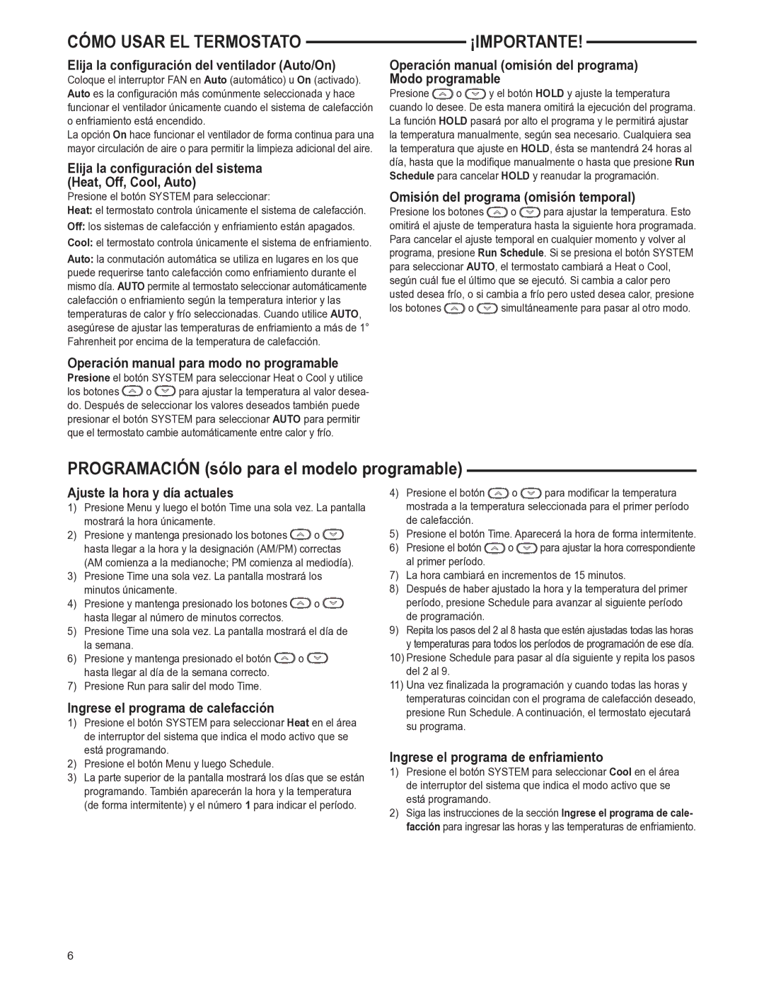 White Rodgers 37-7248A specifications Cómo Usar EL Termostato, ¡Importante 