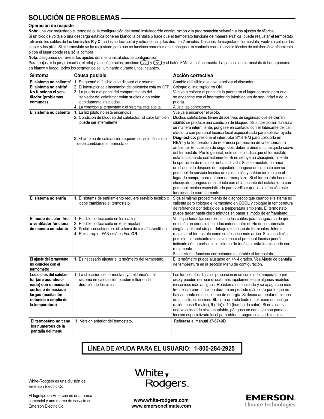 White Rodgers 37-7248A specifications Solución DE Problemas, Operación de reajuste 