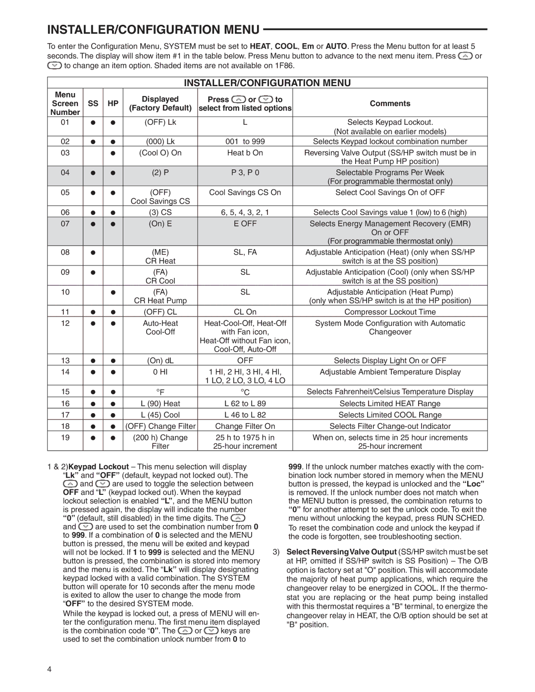 White Rodgers 37-7248A specifications INSTALLER/CONFIGURATION Menu, Menu Displayed Press Comments, Factory Default, Number 