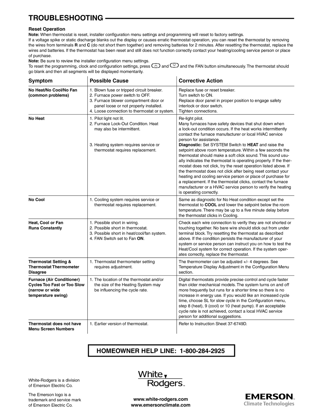 White Rodgers 37-7248A specifications Troubleshooting, Reset Operation 