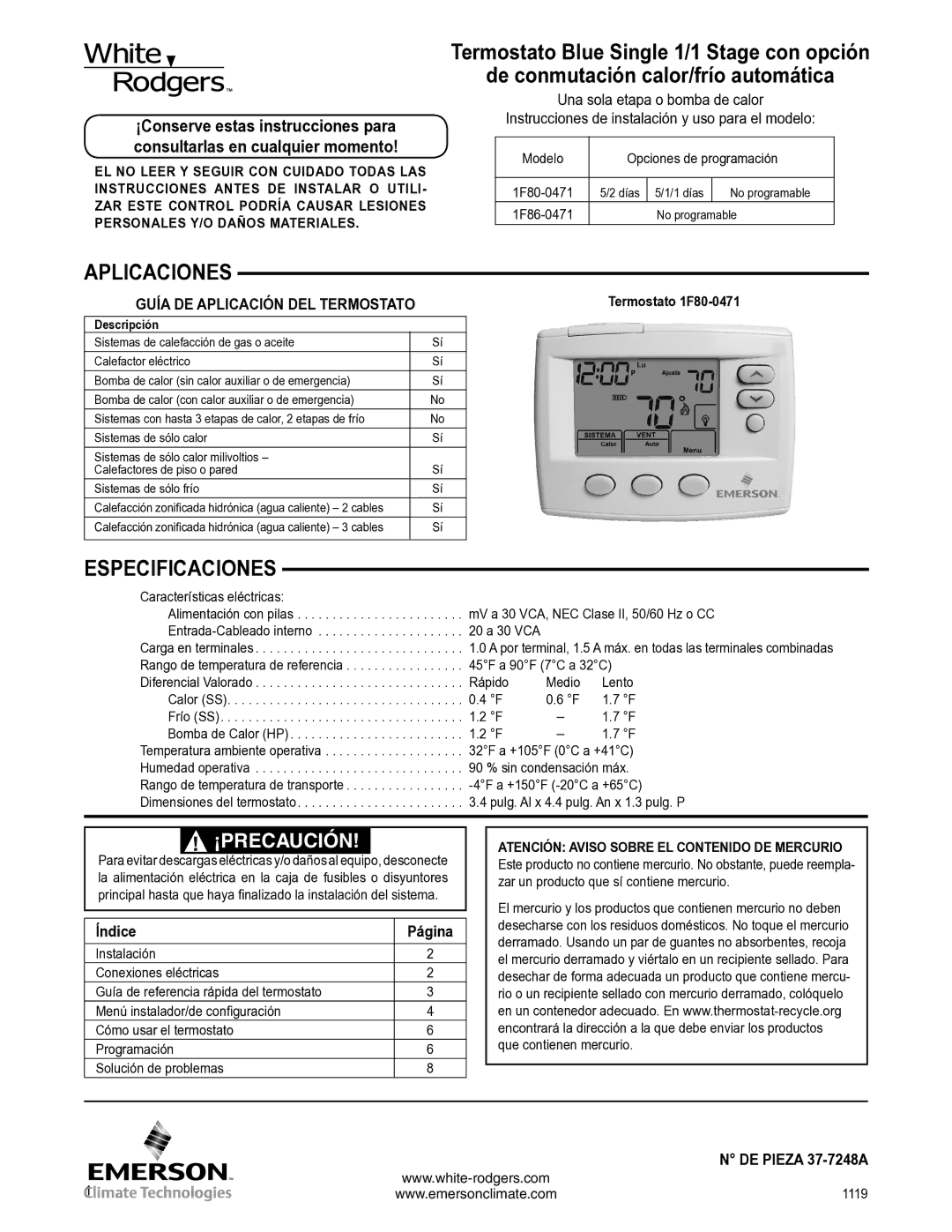 White Rodgers 37-7248A specifications Aplicaciones, Especificaciones, Descripción 