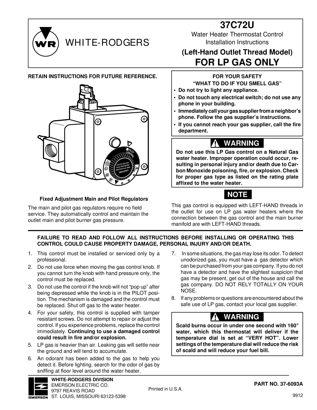 White Rodgers 37C72U installation instructions Retain Instructions for Future Reference 