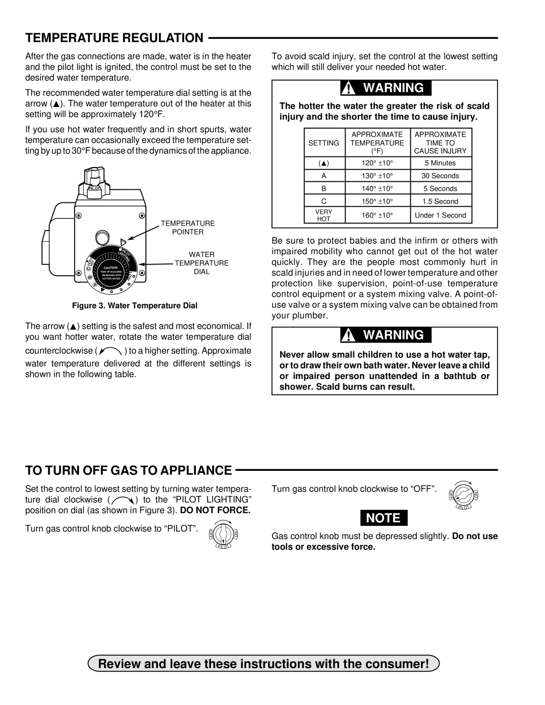 White Rodgers 37C72U installation instructions Temperature Regulation, To Turn OFF GAS to Appliance 