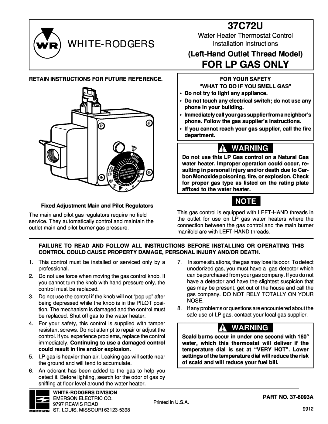 White Rodgers 37C72U installation instructions Left-HandOutlet Thread Model, White-Rodgers, For Lp Gas Only 