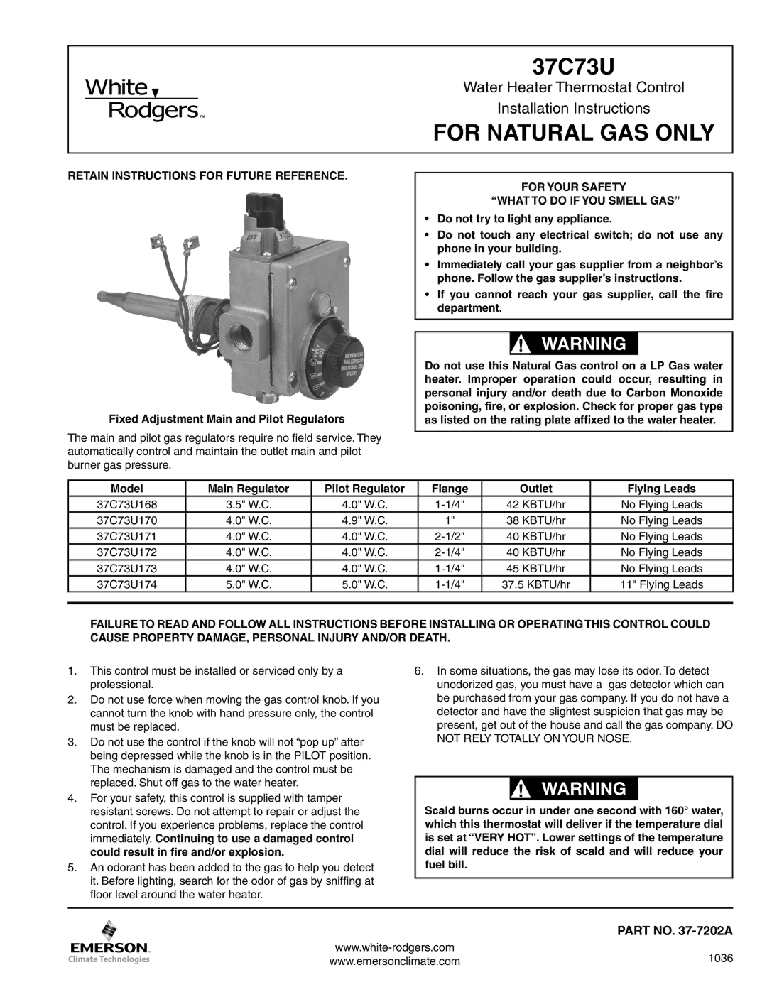 White Rodgers 37C73U installation instructions Retain Instructions for Future Reference, KBTU/hr, 1036 