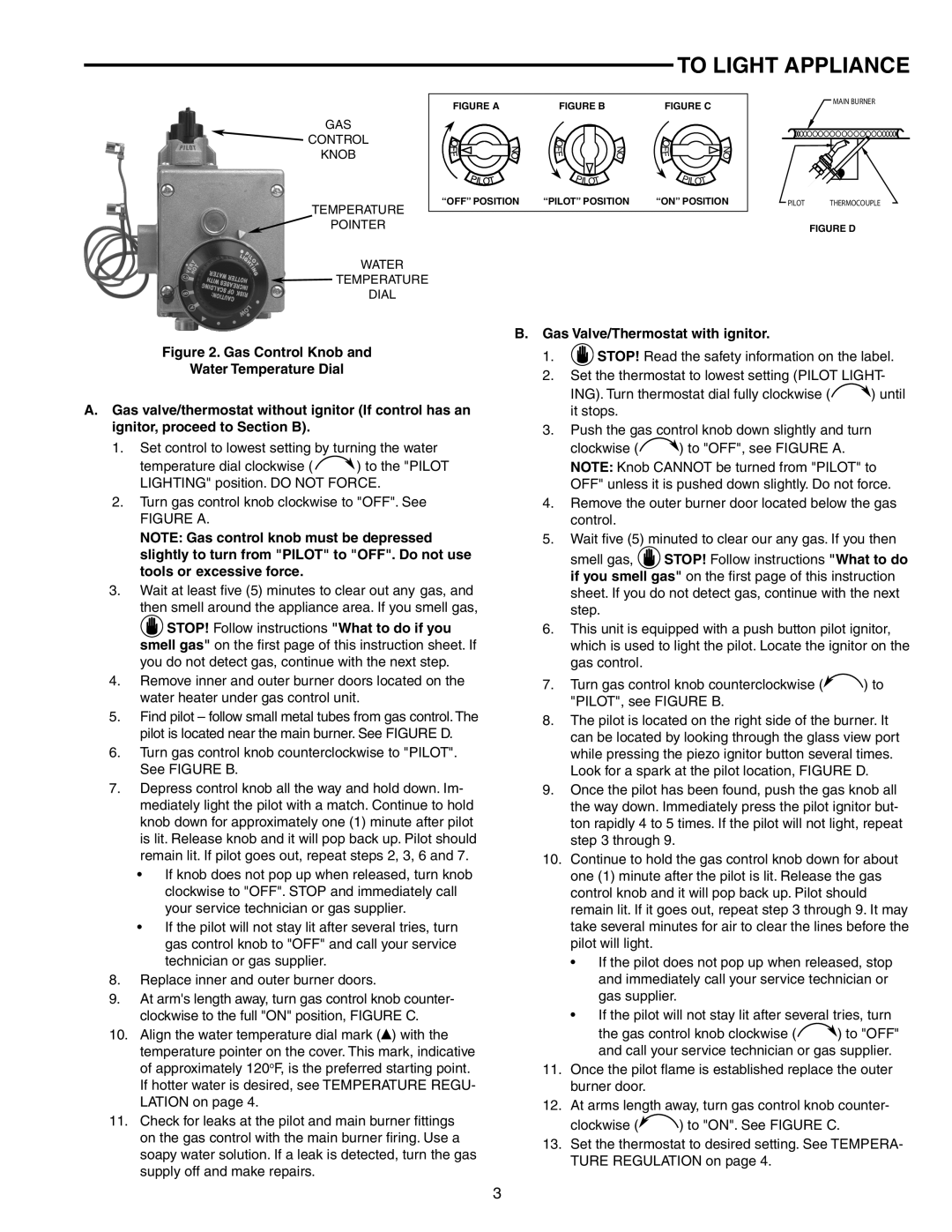 White Rodgers 37C73U installation instructions To Light Appliance, Gas Valve/Thermostat with ignitor 