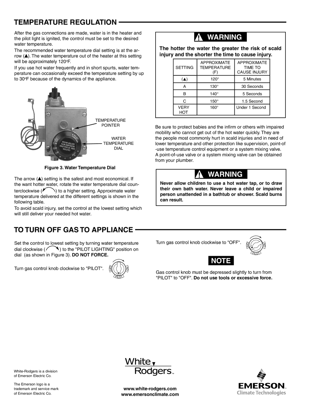 White Rodgers 37C73U Temperature Regulation, To Turn OFF GAS to Appliance, Turn gas control knob clockwise to OFF 