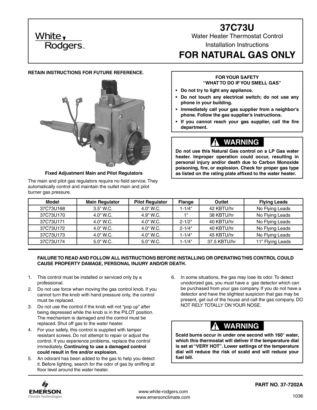 White Rodgers 37C73U installation instructions PART NO. 37-7202A, For Natural Gas Only 