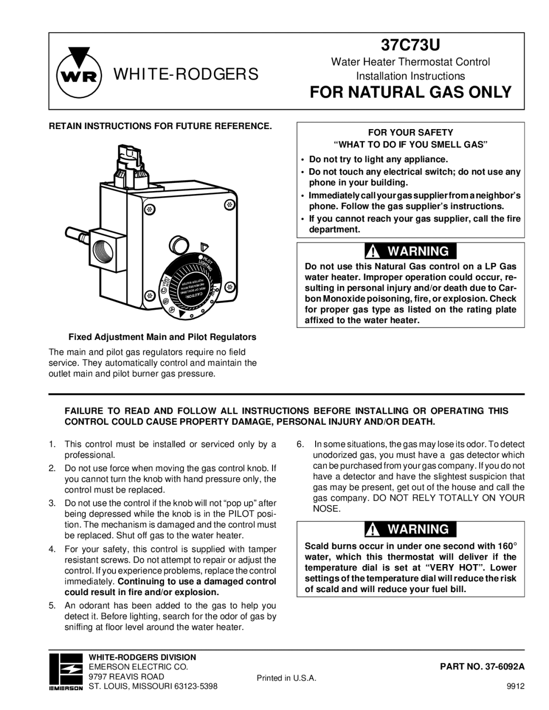 White Rodgers 37C73U installation instructions Retain Instructions for Future Reference, Part no -6092A 