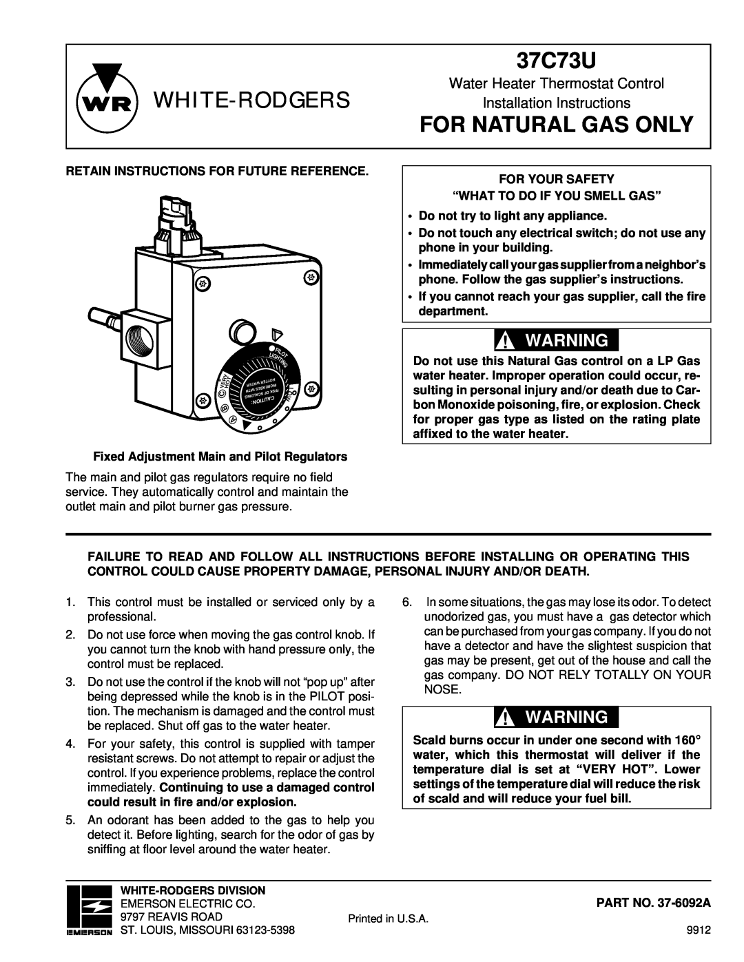 White Rodgers 37C73U installation instructions White-Rodgers, For Natural Gas Only, Water Heater Thermostat Control 