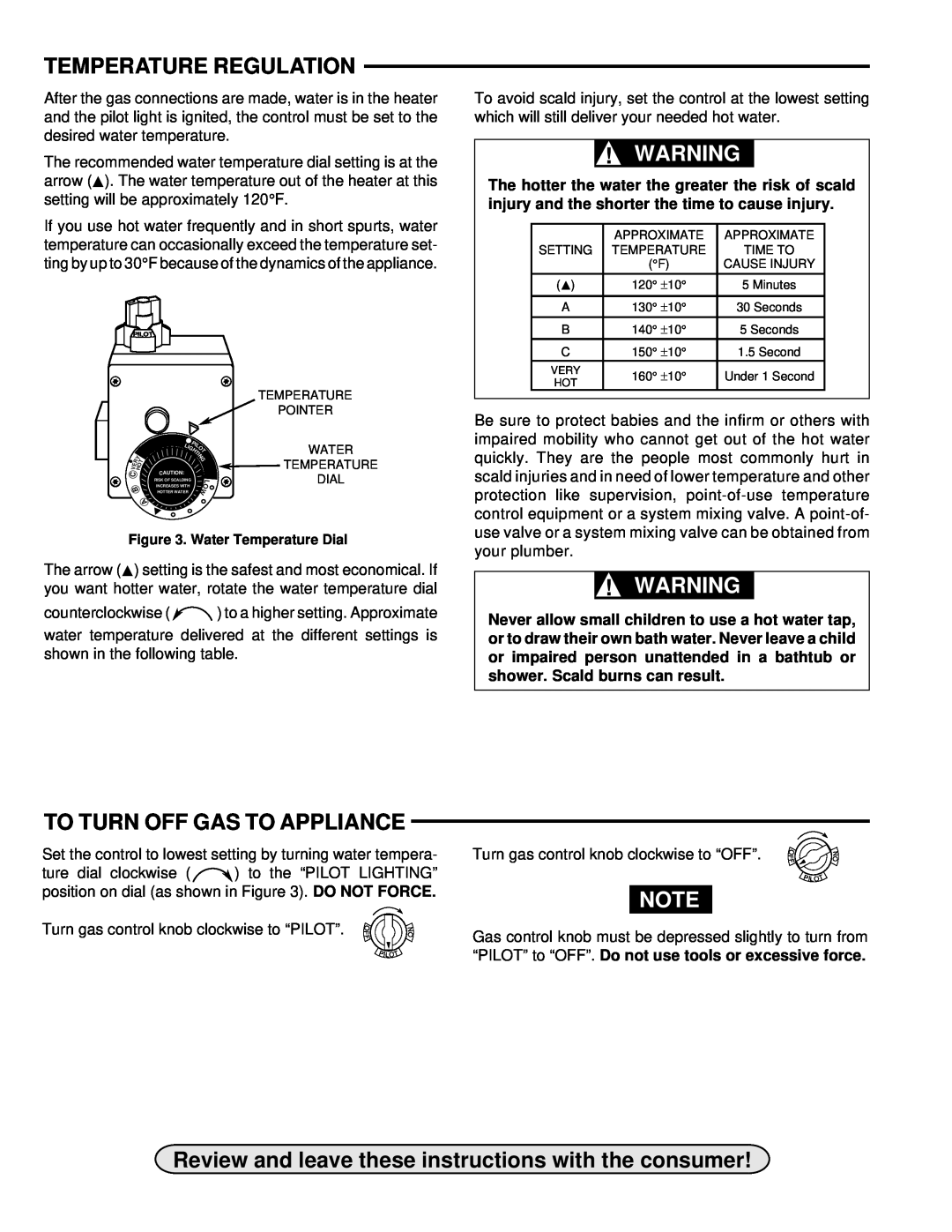 White Rodgers 37C73U installation instructions Temperature Regulation, To Turn Off Gas To Appliance 