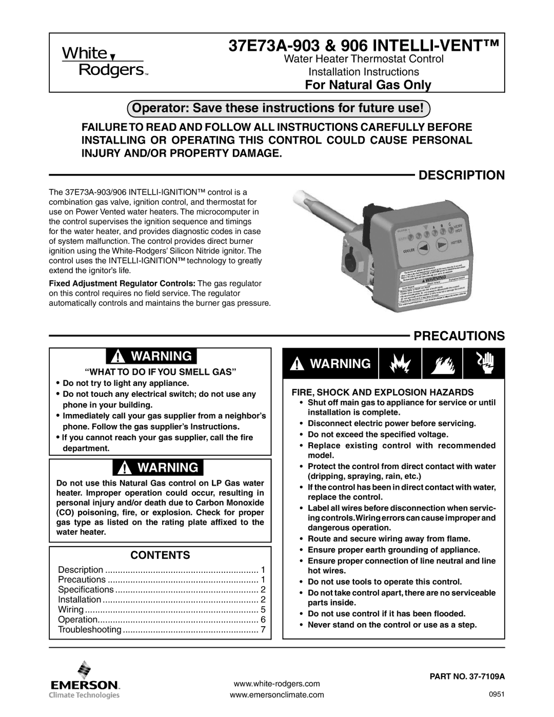 White Rodgers 37E73A-906, 37E37A-903 & 906, 37E73A-903 installation instructions Description, Precautions, Contents 