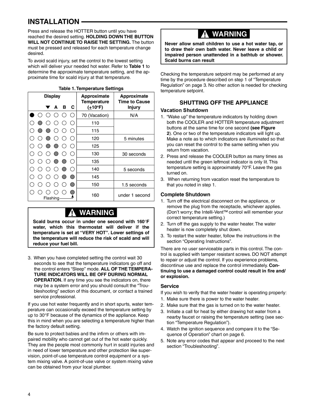 White Rodgers 37E73A-906 Shutting OFF the Appliance, Temperature Settings Display Approximate, Time to Cause, Injury 