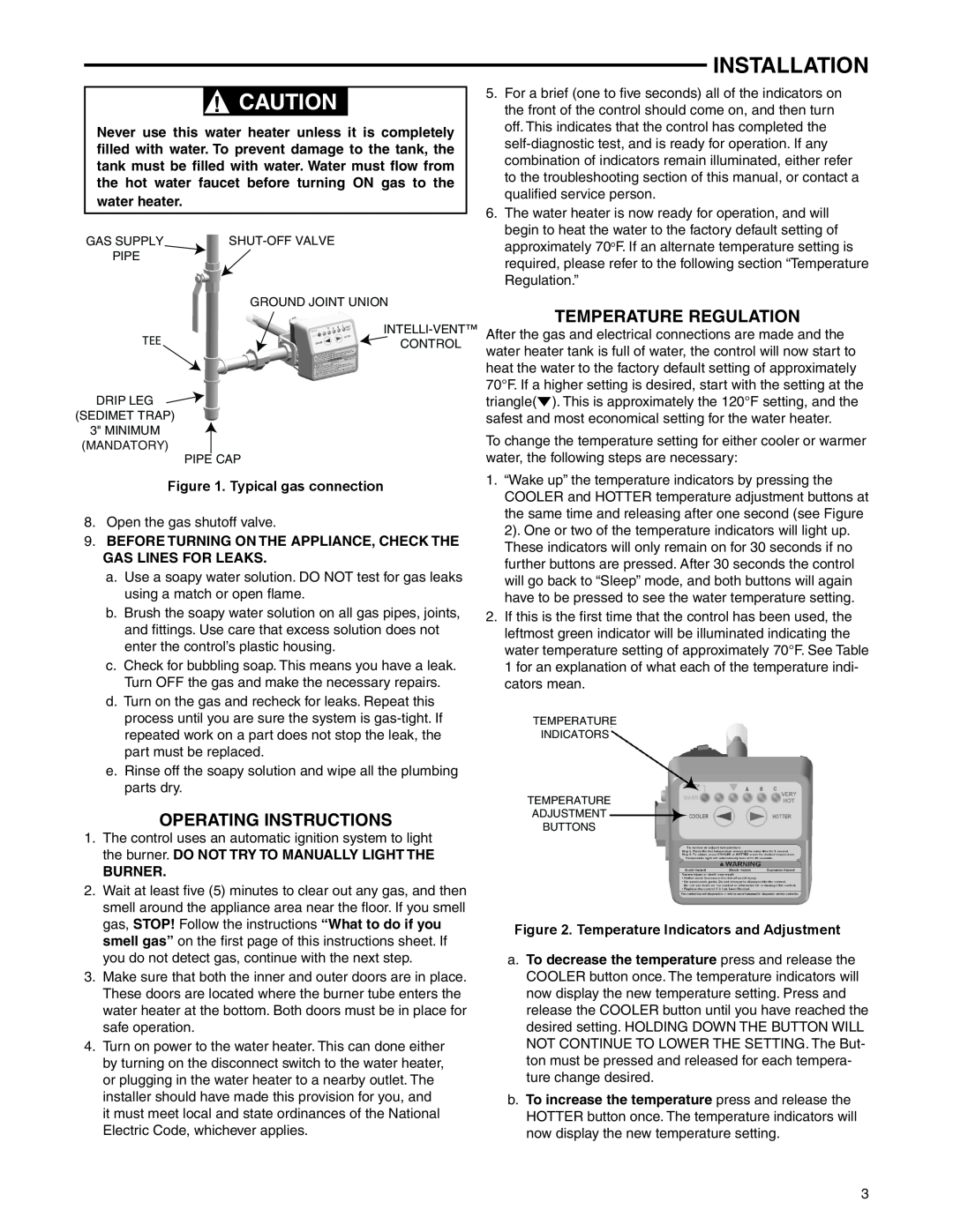 White Rodgers 37E37A-903 & 906 Operating Instructions, Temperature Regulation, Installation, Typical gas connection 